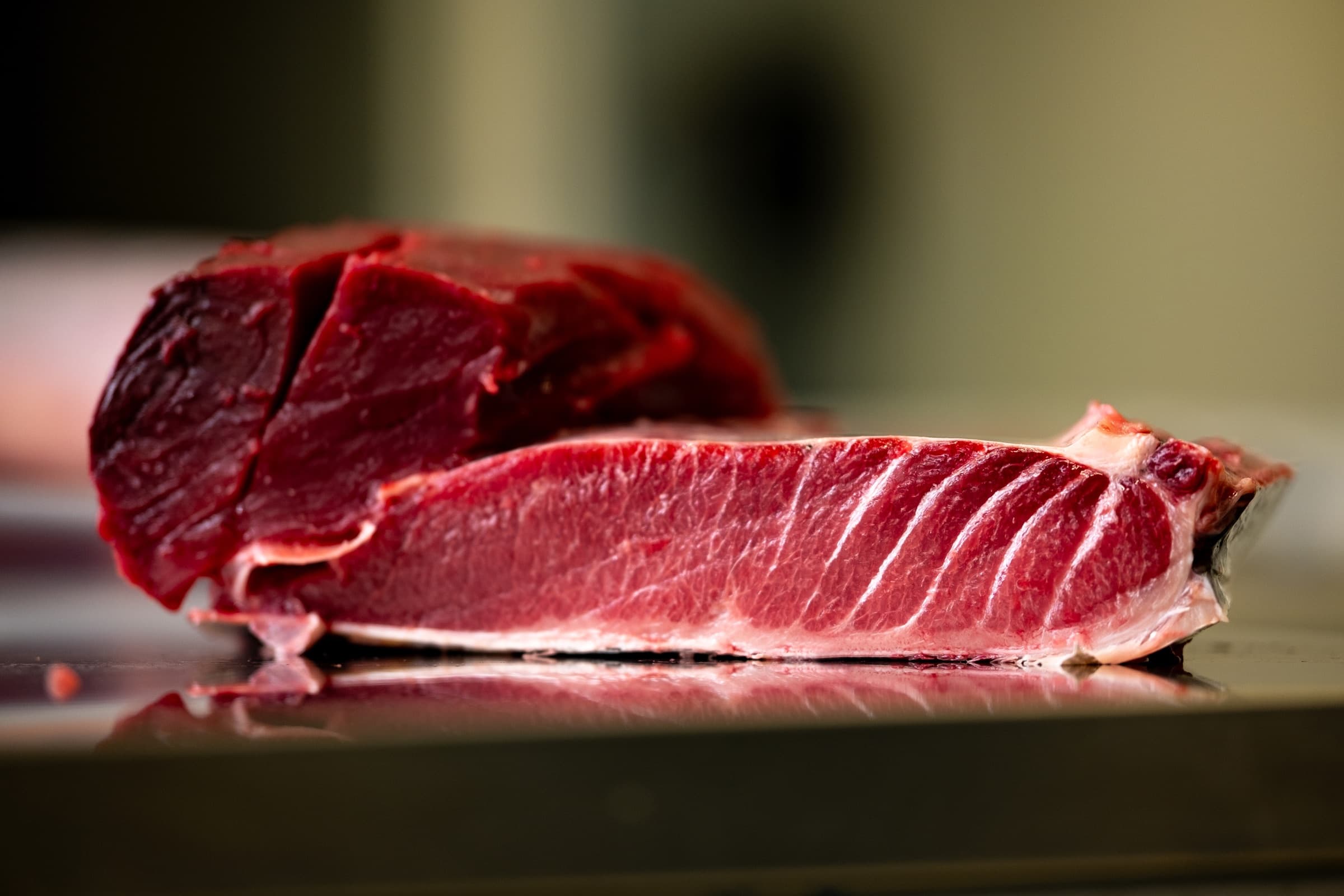 A sliced loin of wild bluefin tuna akami