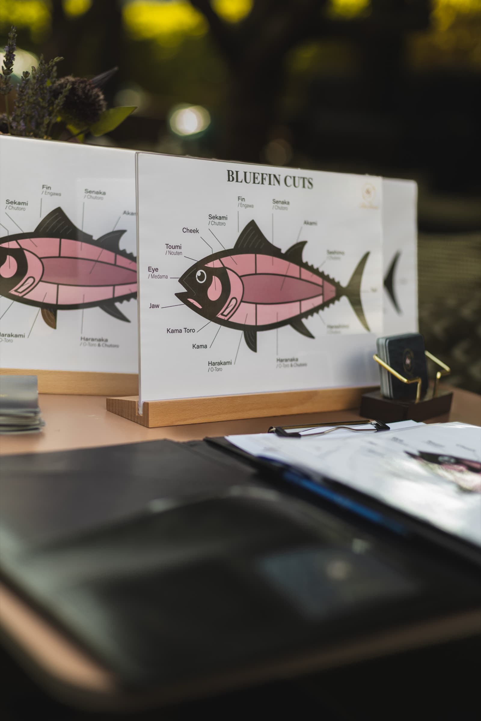 An educational diagram of bluefin tuna cuts displayed at an event