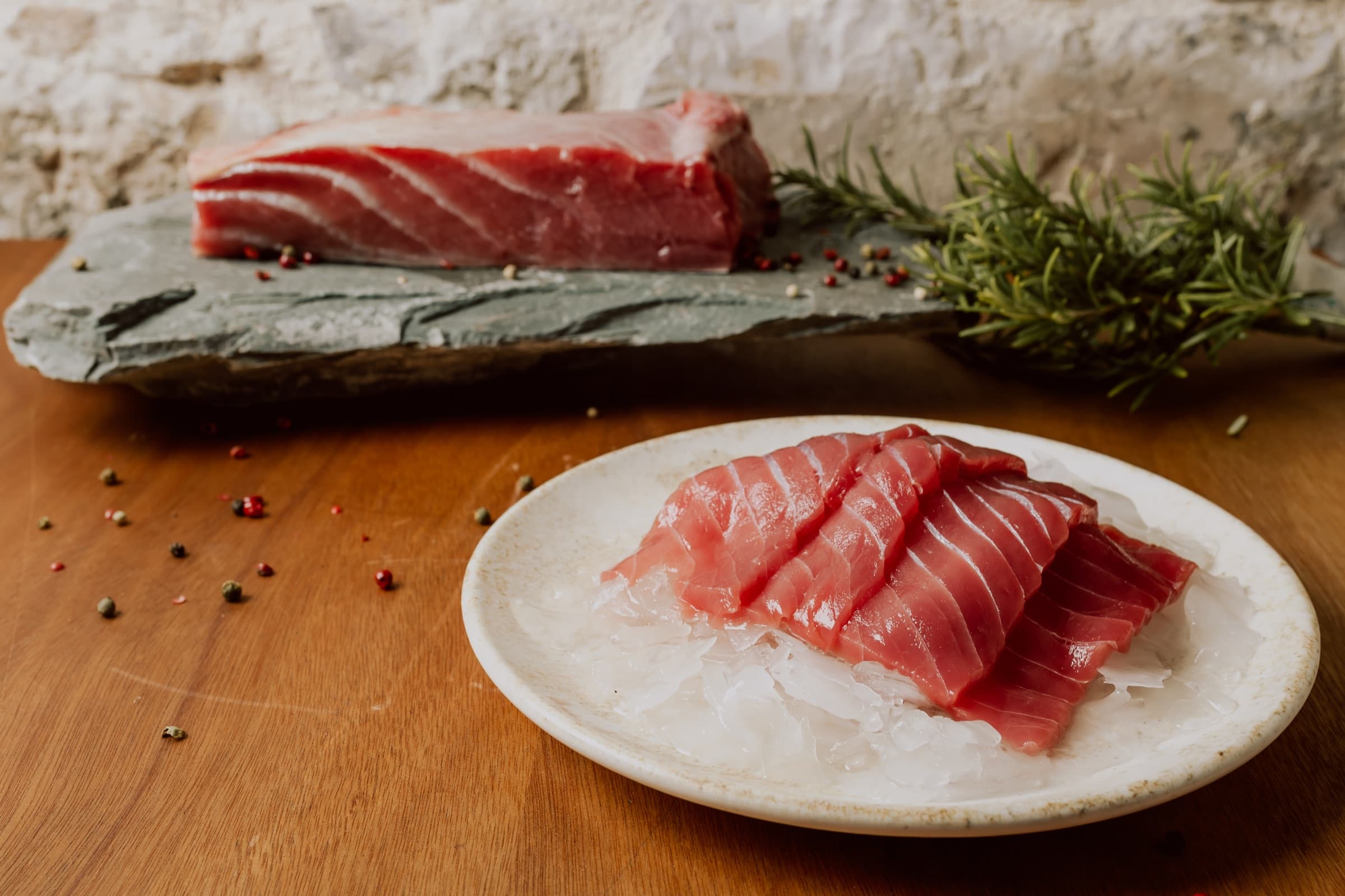 Sliced wild bluefin tuna akami plated as sashimi